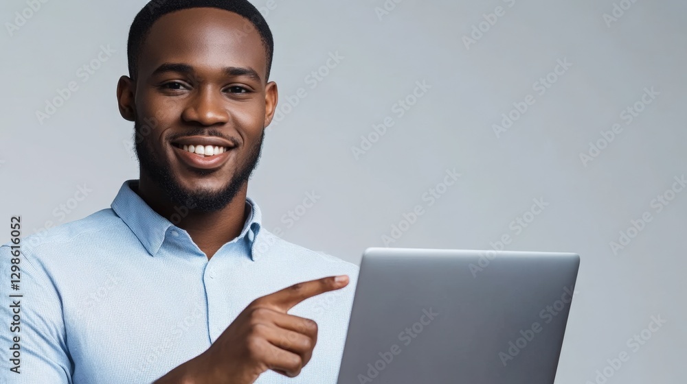 Aufkleber smiling man pointing at laptop computer screen