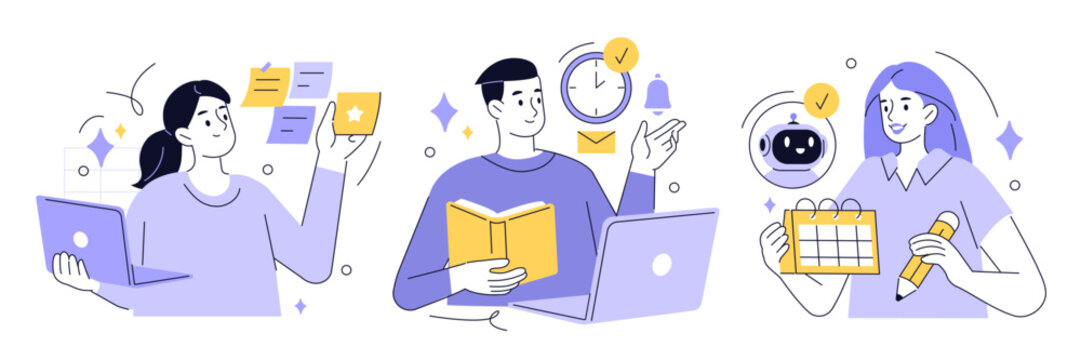 Schedule set. Characters using artificial intelligence generative tools for time management. Scheduling, task performance, calendar organizing concept. Vector illustration.