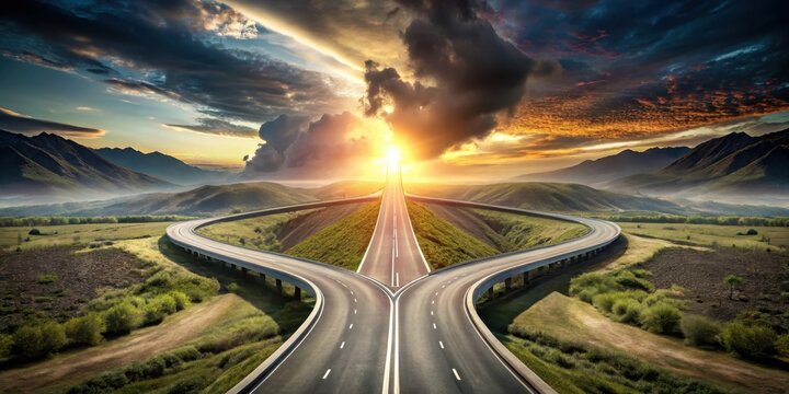 A dramatic highway splits into three divergent roads at a sharp fork , divergent roads