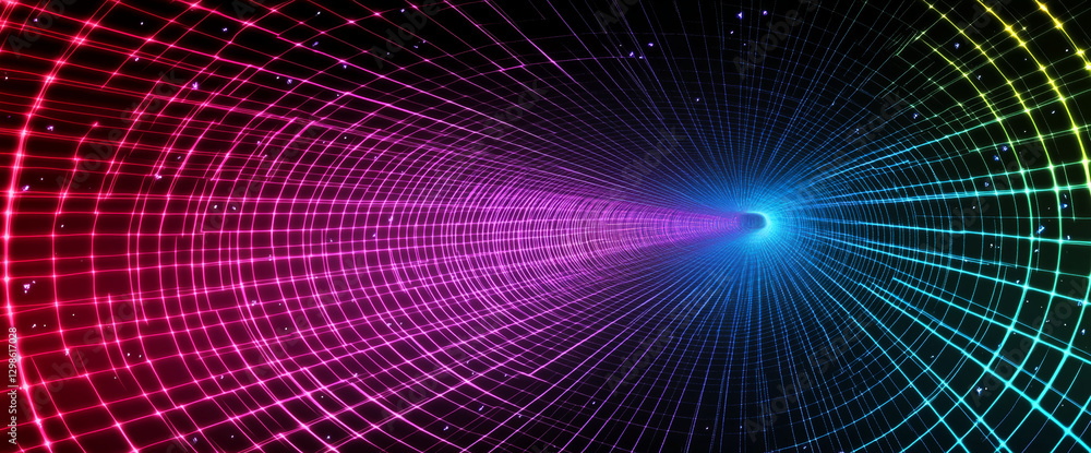 Aufkleber abstract 3d neon wireframe tunnel with bright glowing colors representing digital space, technology,