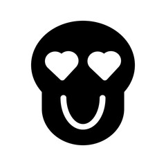 Solid icon of a skull with heart eyes and a wide smile, combining spooky and romantic expression.