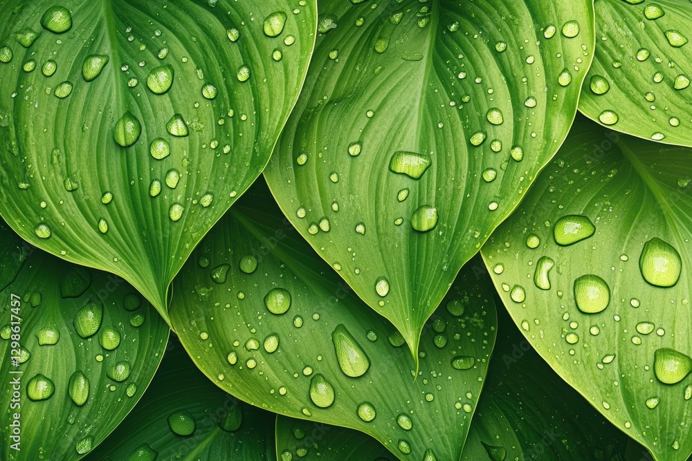 Poster lush green hosta leaves adorned with droplets creating a serene and refreshing atmosphere