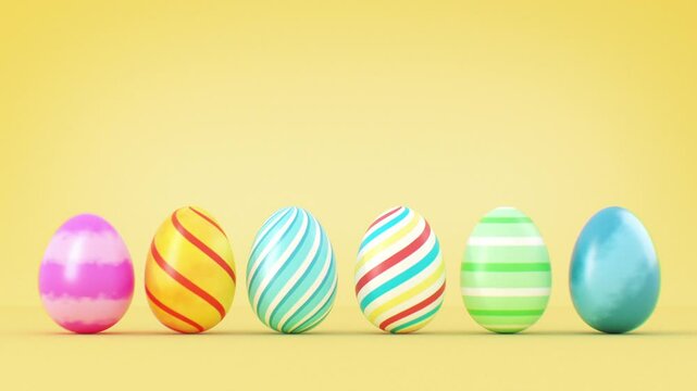 Beautiful Easter Eggs Bright Colors Jump on Yellow Background Seamless Colorful Illustration. Painted Multicolor Eggs Moving Looped 3d Animation. Egg Hunting, Happy Easter New Life Symbol Concept 4k.