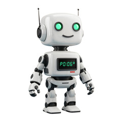A friendly, white robot with bright green eyes stands on a transparent background