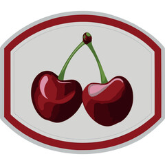 A decorative badge with a deep cherry red border, and two cherries in the center