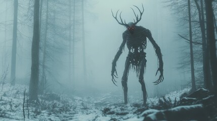 Obraz premium Wendigo Creature Standing in Foggy Winter Forest