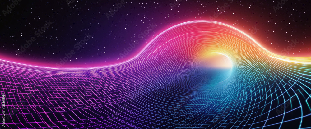 Poster Abstract digital neon wave in vibrant rainbow colors with glowing grid lines on a cosmic starry background, symbolizing futuristic technology and virtual environments.