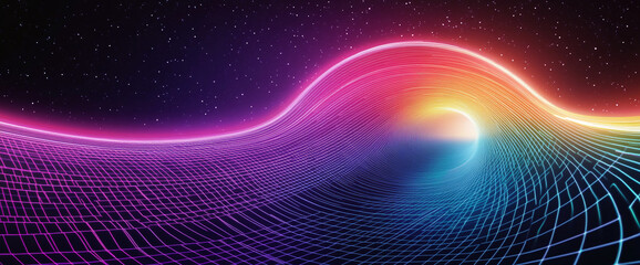 Abstract digital neon wave in vibrant rainbow colors with glowing grid lines on a cosmic starry background, symbolizing futuristic technology and virtual environments.