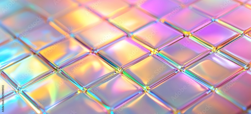 Poster Iridescent Tiles: A close-up view of iridescent tiles arranged in a grid, their surfaces shimmering with a spectrum of colors, creating a mesmerizing effect.