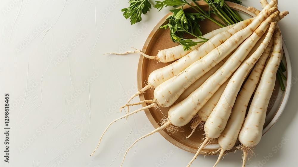 Poster a close-up and upwards perspective on black salsify branches on a wooden platter against a stark whi