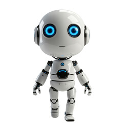 A digitally rendered, friendly, white robot, designed in a cartoonish style, is shown walking