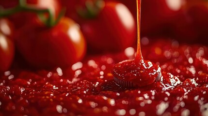 Tomato sauce pouring, factory, red, juicy,  background blur, food industry