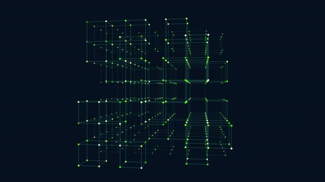 A pixelated cube emerges from a network of interconnected lines, each line consisting of dots meticulously arranged to create the illusion of a three-dimensional shape