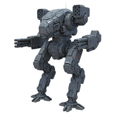 This detailed 3D model showcases a menacing, gray military mech