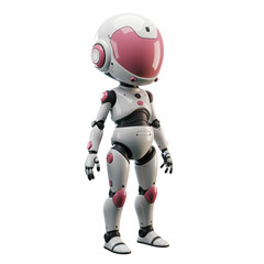 Fototapeta premium A charming, cartoonish robot with a white body and a distinctive pink helmet stands against a transparent background