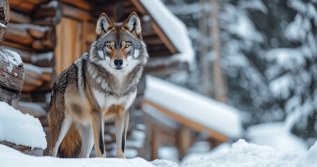 Fototapeta premium Majestic Wolf Standing in Snowy Landscape Near Wooden Cabin