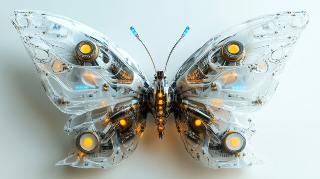 A robotic butterfly with intricate wings and glowing patterns, resting on a pure white background