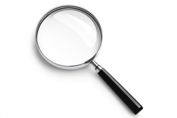 magnifying glass isolated on the left side of the page, with white space around all sides of the illustration, black handle and magnification glass,