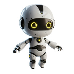A friendly, cartoonish robot character, presented in a 3D rendering, against a transparent background