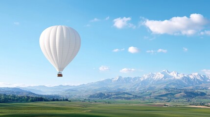Fototapeta premium White hot air balloon floats high in the blue sky above a scenic green valley and snow-capped mountains during a bright sunny day.