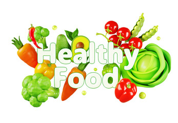 Healthy food font 3d poster. Organic farm products, vegetable on transparent background. Summer banner with fresh tomato, avocado, broccoli, pepper, carrot, green peas and cabbage. 3D illustration