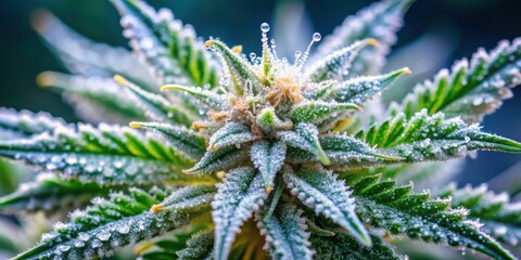 High magnification shot of a cannabis plant's buds displaying crystalline structures of THC and CBD