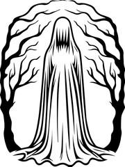 Dark fantasy SVG vector features a supernatural ghost spirit. Mysterious Ghost Figure Surrounded by Spooky Trees in Black Outline