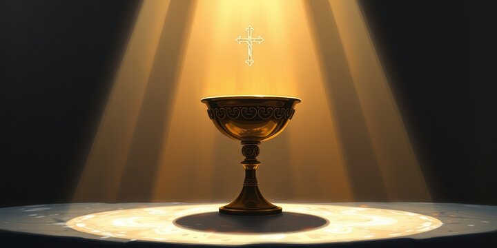 A golden chalice filled with wine is illuminated by light, embodying the Eucharist and symbolizing the sacredness of Holy Communion in Christian traditions