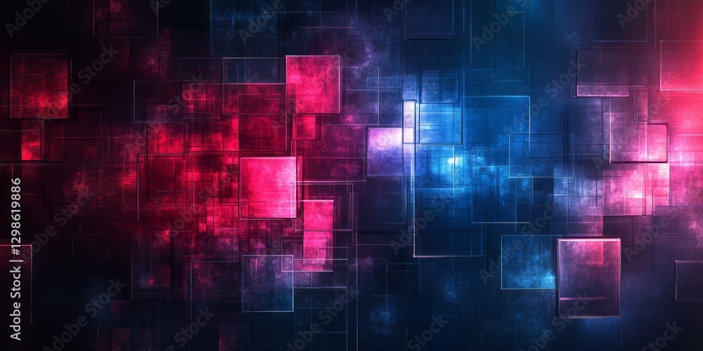 Poster abstract geometric composition displays overlapping translucent squares with red and blue