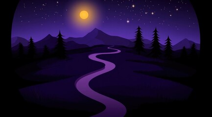 Naklejka premium Scenic nighttime landscape with winding road and moon 