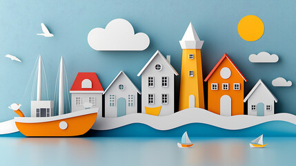 Obraz premium Colorful paper art of a coastal village with boats and clouds calm environment artistic viewpoint creative concept