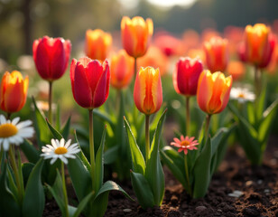 Fototapeta premium Vibrant tulip and daisy garden in bloom - spring gardening concept for posters and designs