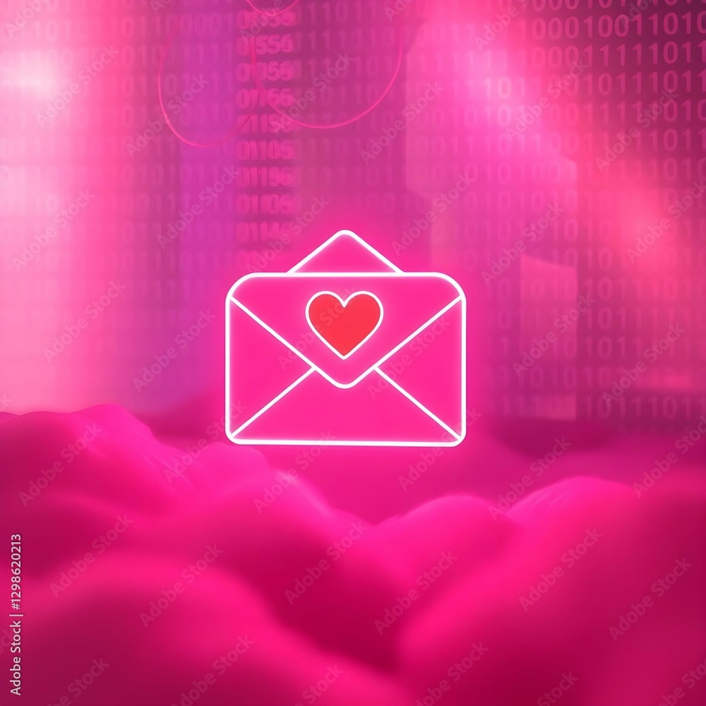 Fototapete A digital love letter with a glowing heart in an envelope, set against a soft pink background with binary code elements
