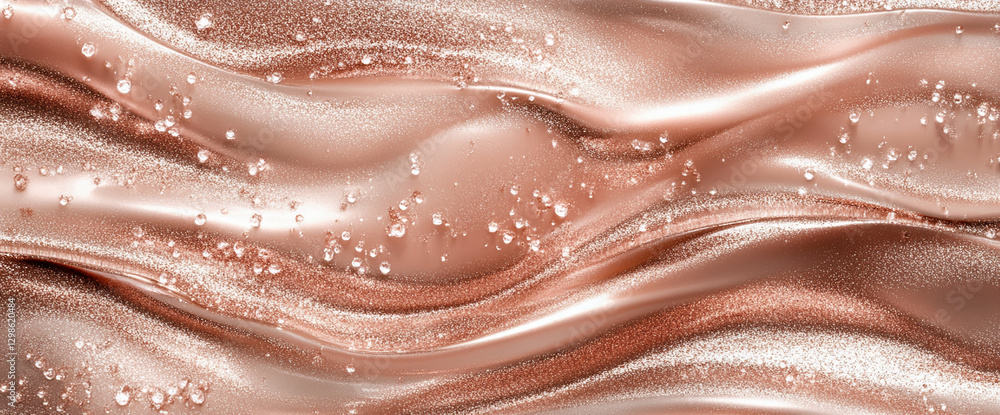 Poster close-up of rose gold liquid with shimmering droplets, creating an elegant, flowing texture with met