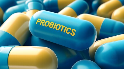 Probiotics Supplement Medicine Health Capsules Blue Yellow Pills Digestive Health Medication Pharmaceutical Gut Health Treatment Bacteria Microbiome Natural Remedy