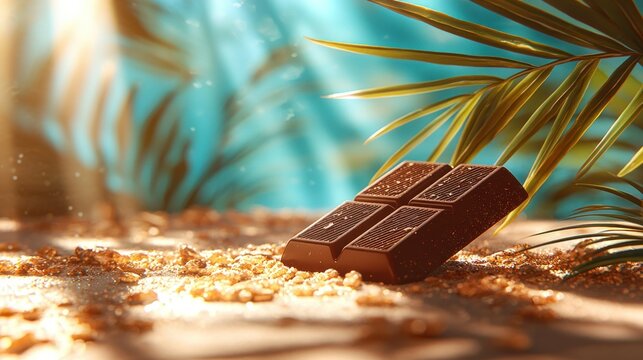 Tropical beach, chocolate bar, sunlight, cocoa, advertisement