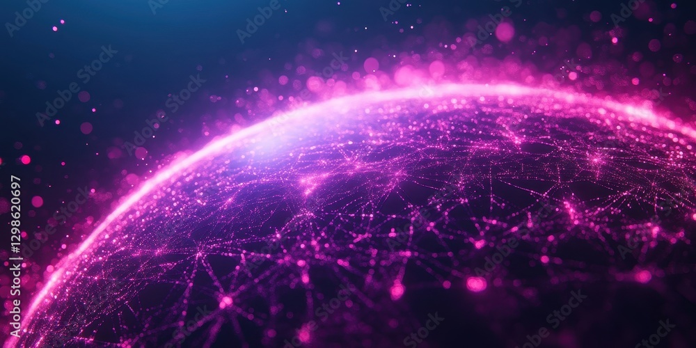 Poster abstract digital art creating cosmic sphere with purple lights and network connections representing 