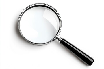 magnifying glass isolated on the left side of the page, with white space around all sides of the illustration, black handle and magnification glass,
