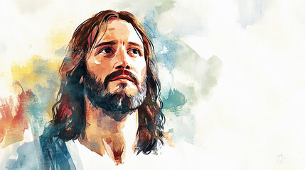 Watercolor portrait of Jesus Christ with copy space