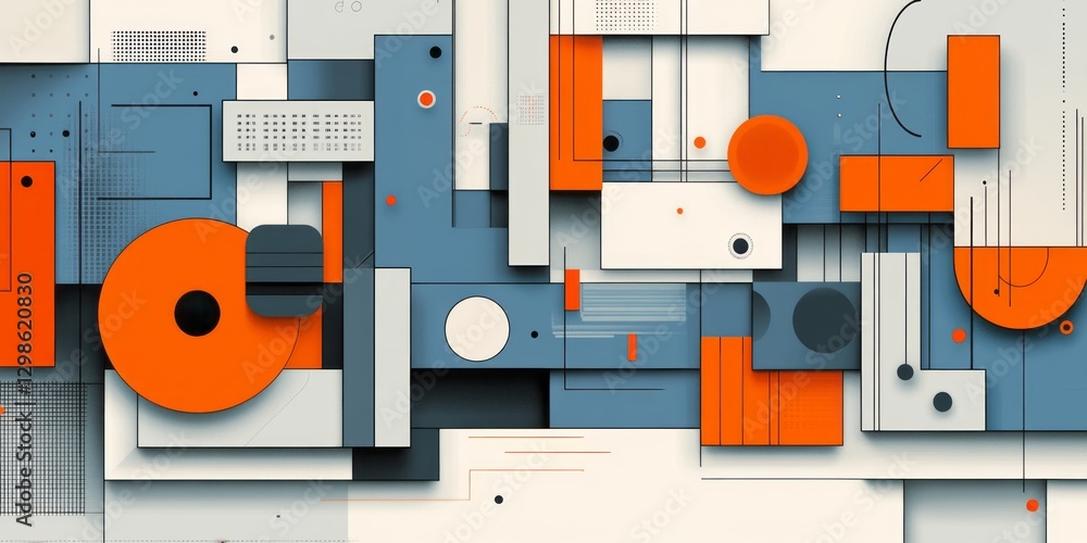 Poster an abstract composition features intersecting shapes colors and geometric patterns