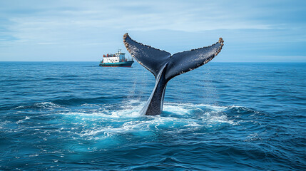 Fototapeta premium Humpback Whale Tail breaching the surface of blue ocean near a whale spotting ship Whales Watching Tour