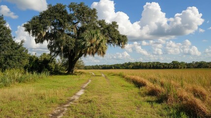 Obraz premium Florida Ranch. Tranquil Sunset Landscape with Golden Sun and Tree Silhouettes