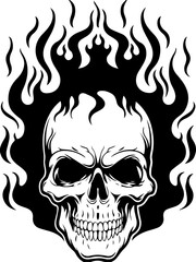 Dark fantasy SVG vector features a skeleton and skull of death. Black and White Skull with Flames Design for Halloween Graphics
