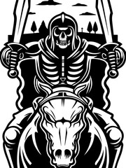 Dark fantasy SVG vector features a skeleton and skull of death. Grim Reaper on Horseback with Swords in a Bold Graphic Style
