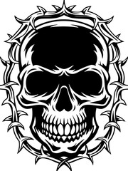 Dark fantasy SVG vector features a skeleton and skull of death. Skull with Thorny Frame in Bold Black and White Design Art