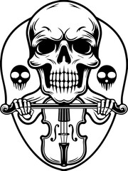 Dark fantasy SVG vector features a skeleton and skull of death. Skull with Violin and Ghostly Elements in Black and White Design