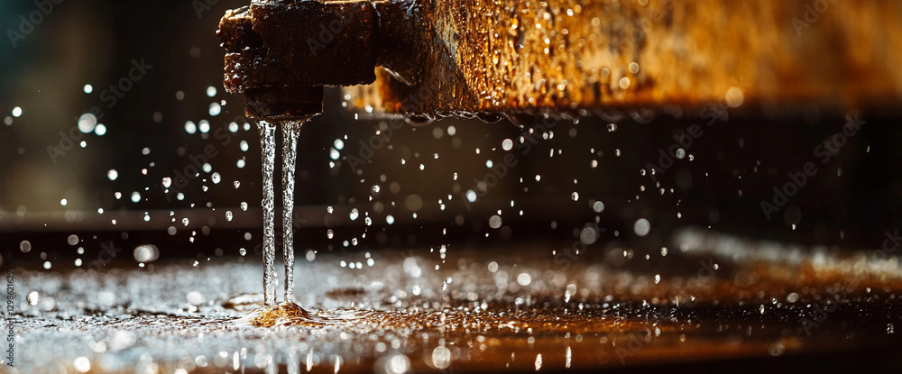 Aufkleber water flowing from a rusty pipe with droplets splashing into a puddle, symbolizing the concept of fl
