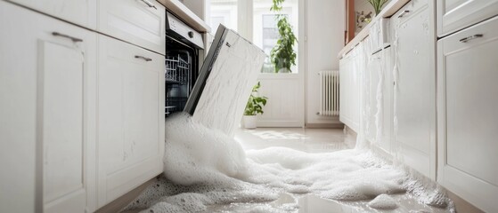 Dishwasher Overflowing with Soapy Water in a Modern Kitchen