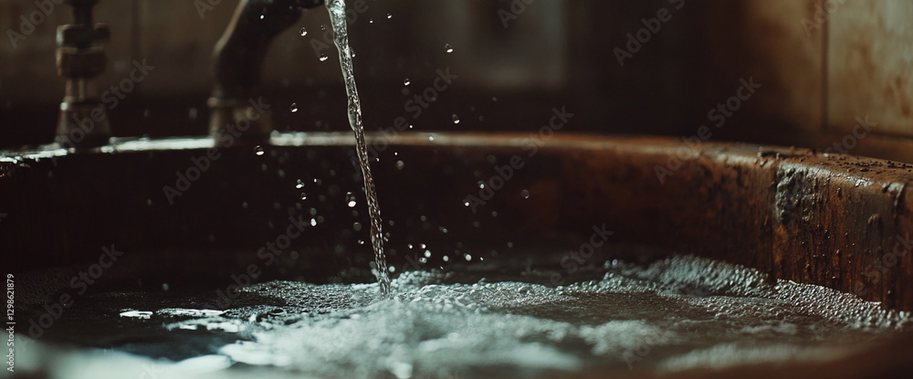 Poster Close-up of water flowing from a faucet into a metal basin, with droplets and bubbles creating a dynamic and calming scene, symbolizing purity, cleanliness, and water conservation.