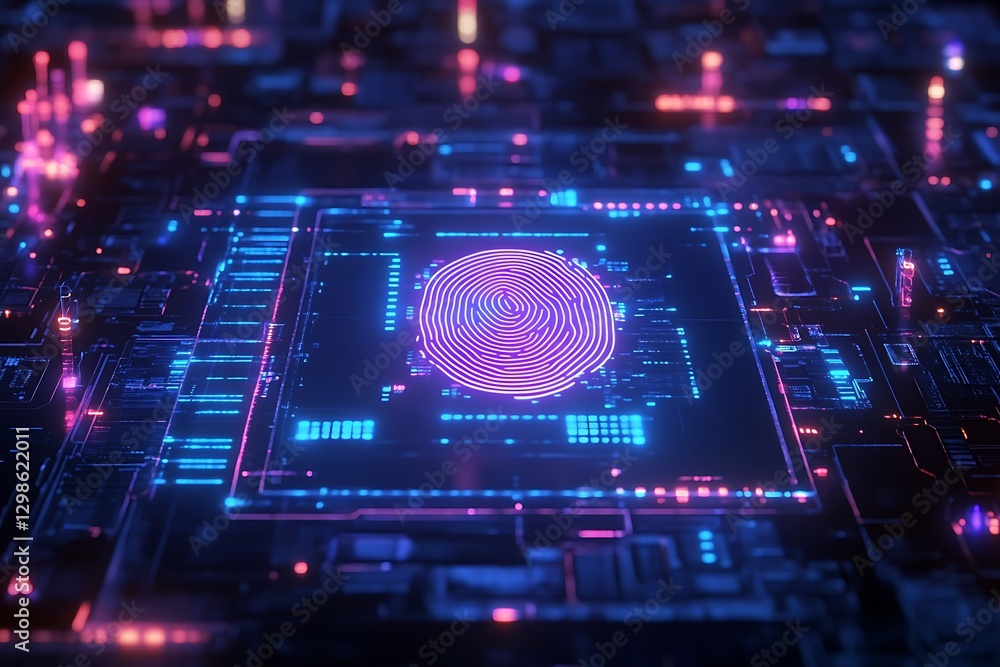 Poster futuristic fingerprint scan on a digital circuit board